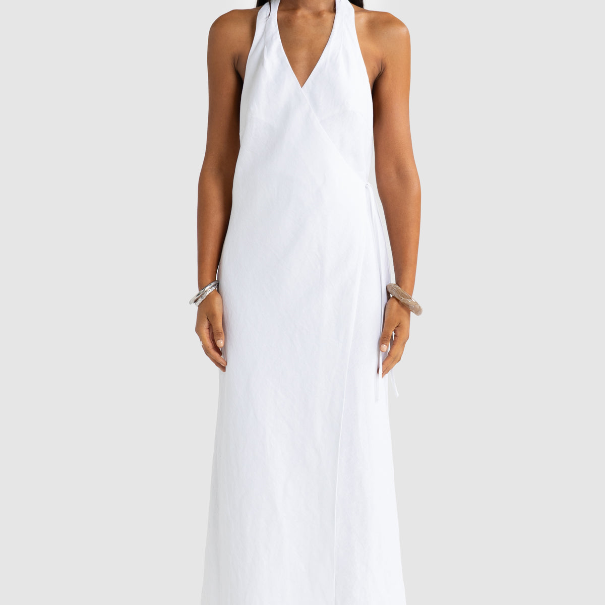 Elise Linen Wrap Full Length Dress White