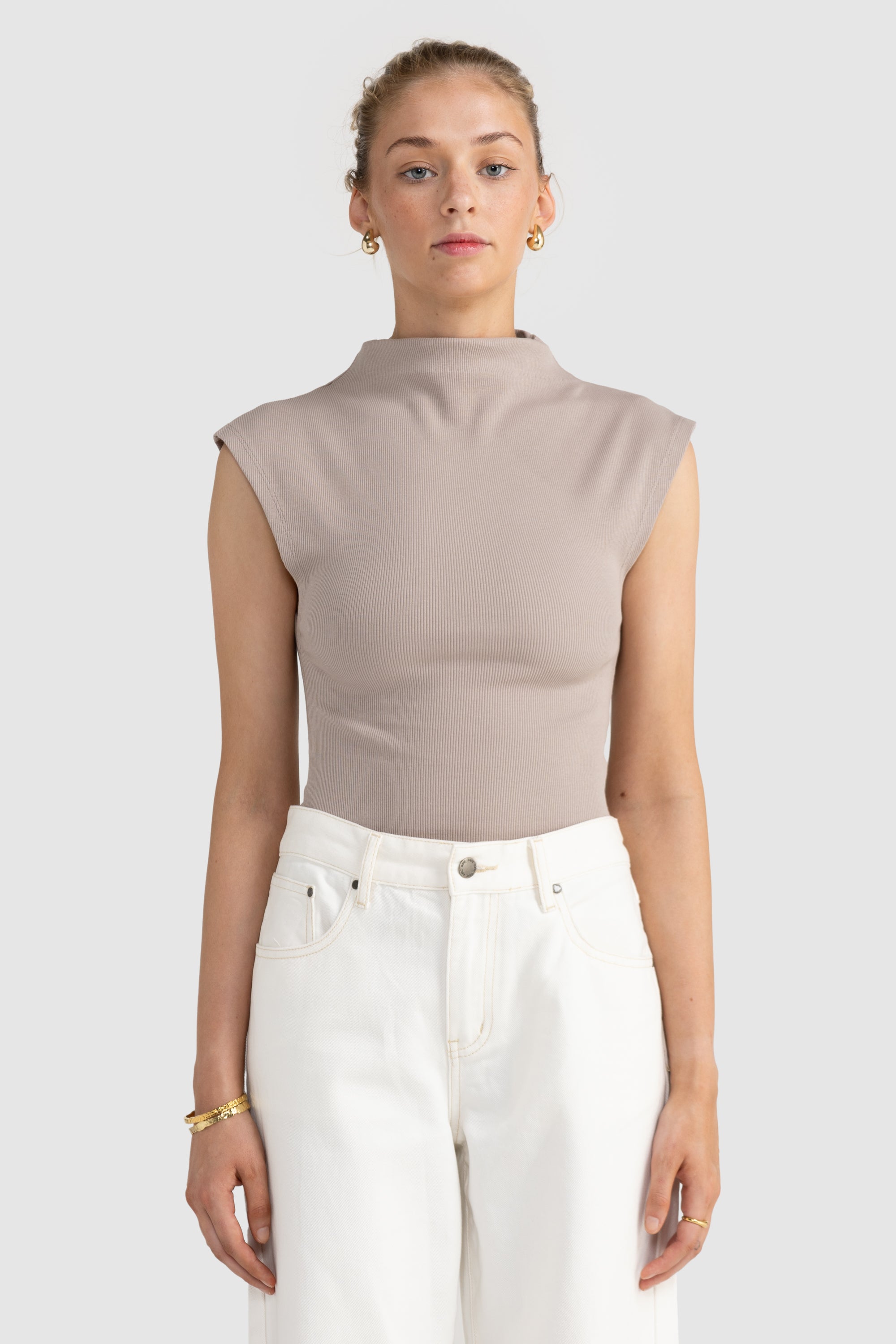 Liv High Neck Rib Top Taupe