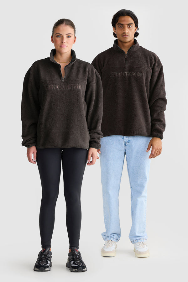 Unisex Sherpa Fleece Logo Quarter Zip Carob